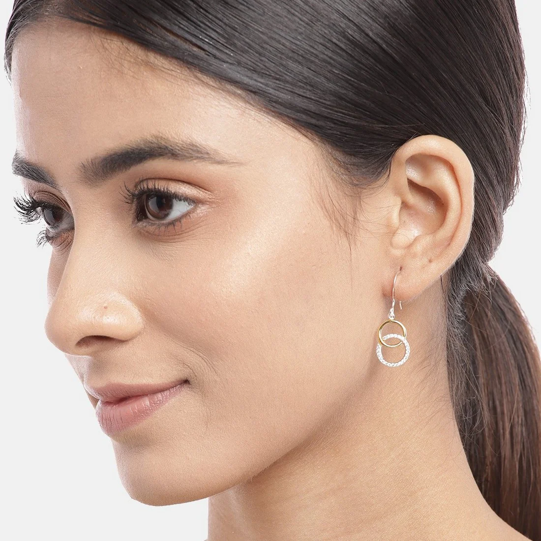 CZ Plated Double Circle Dual Plated 925 Sterling Silver Dangle Earrings - Image 2