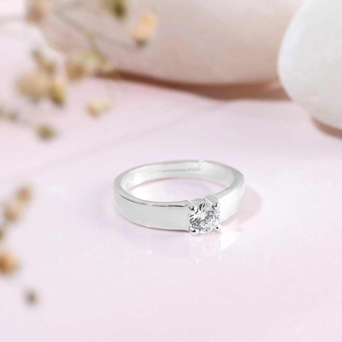 CZ Solitaire Rhodium Plated 925 Sterling Silver Ring for Him (Adjustable)