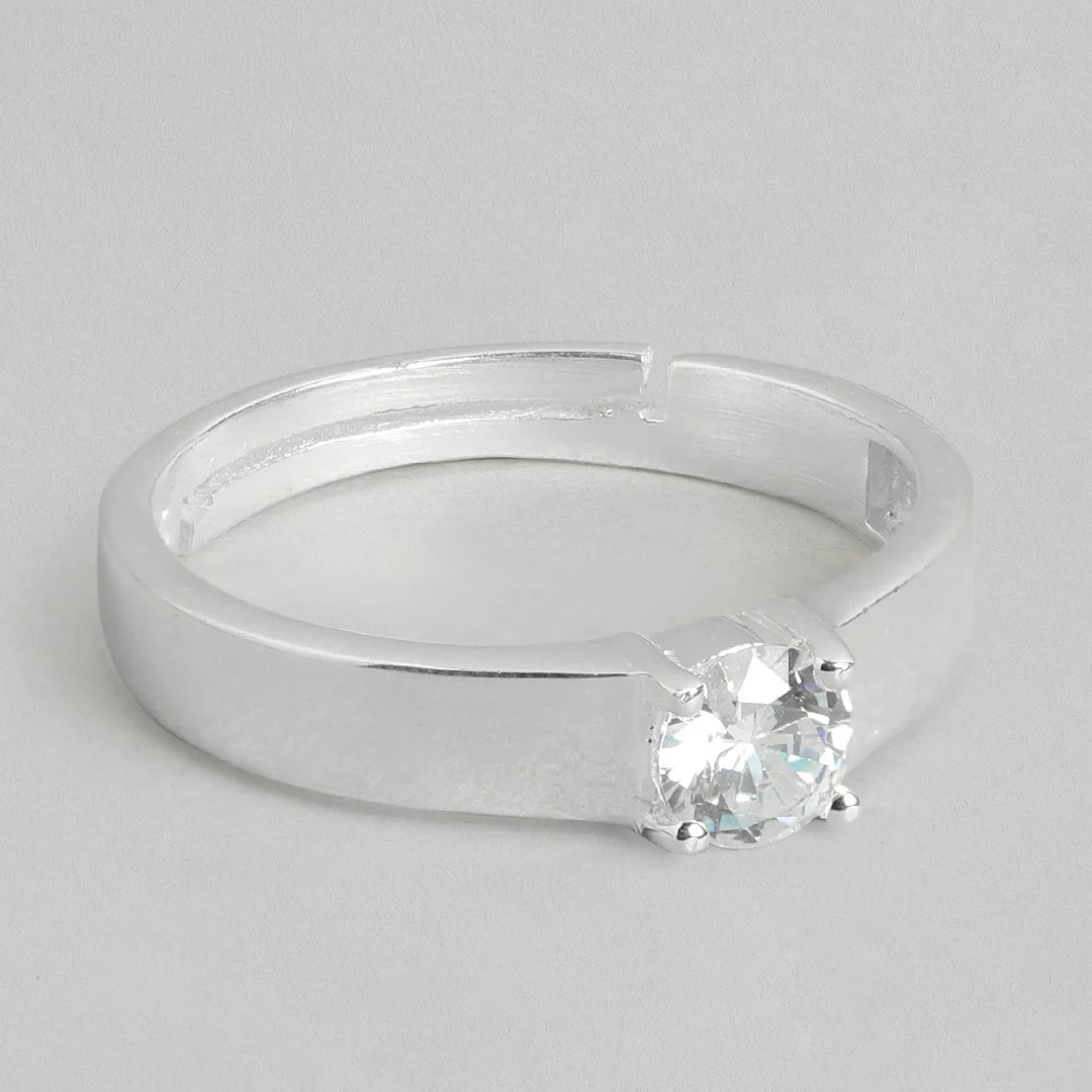 CZ Solitaire Rhodium Plated 925 Sterling Silver Ring for Him (Adjustable) - Image 2