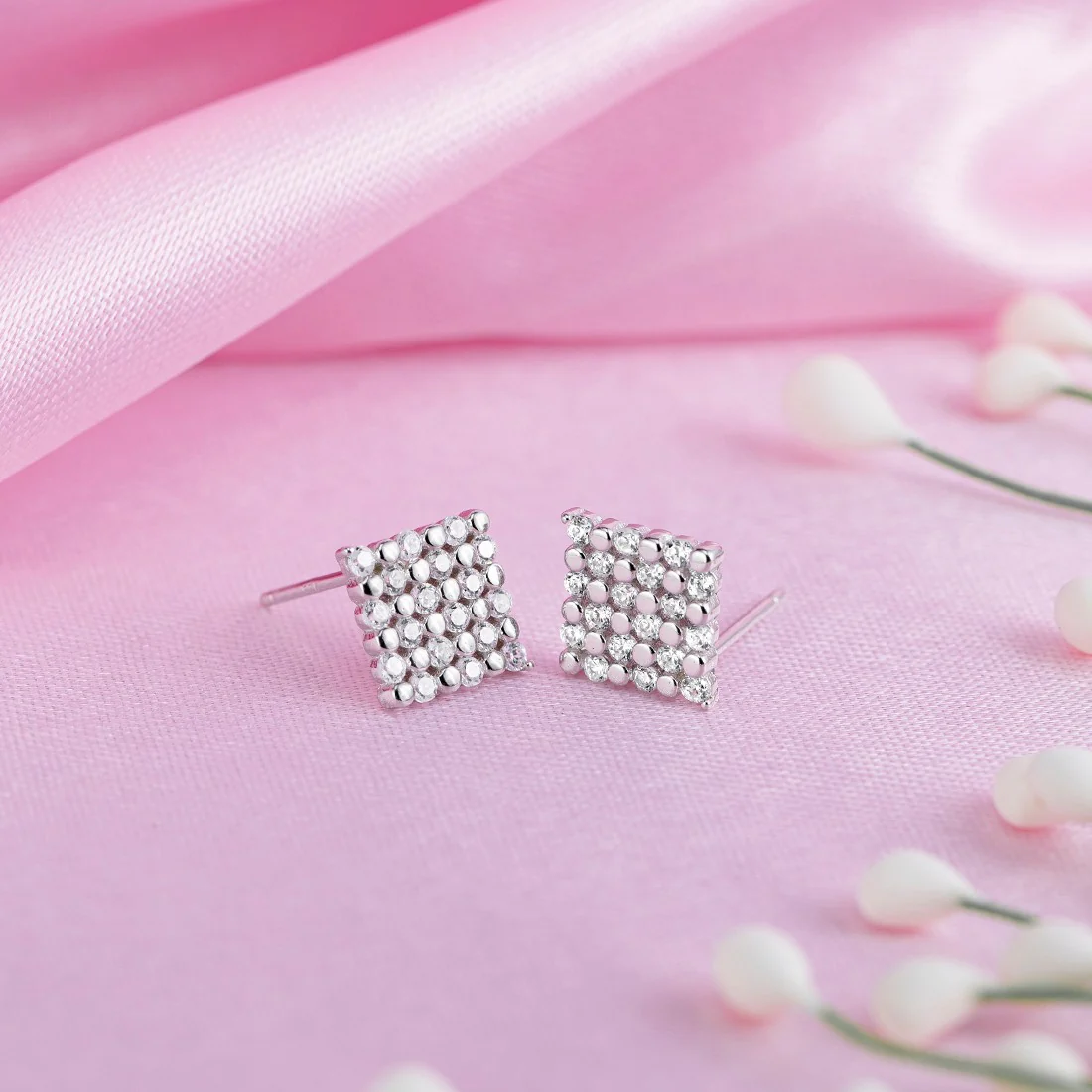 CZ Studded Maze 925 Sterling Silver Stud Earrings