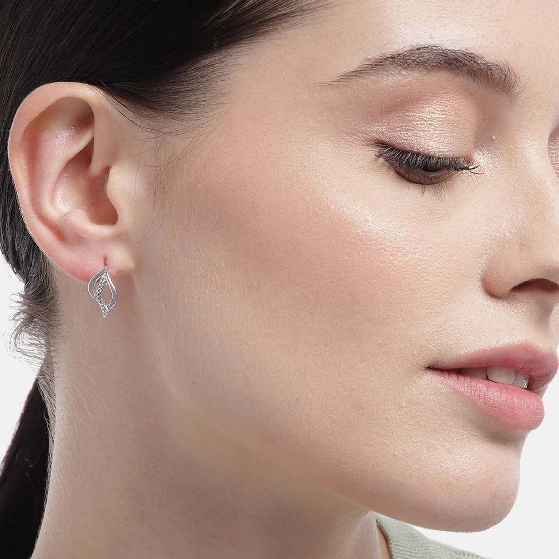 Leaf CZ Studded Rhodium Plated 925 Sterling Silver Stud Earrings - Image 2