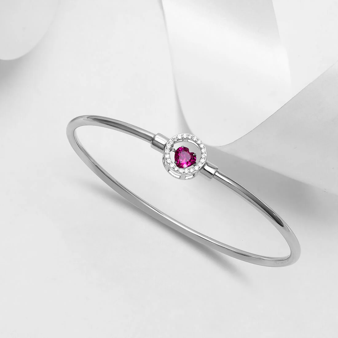 Dangling Ruby Heart 925 Silver Bangle Bracelet - Image 2