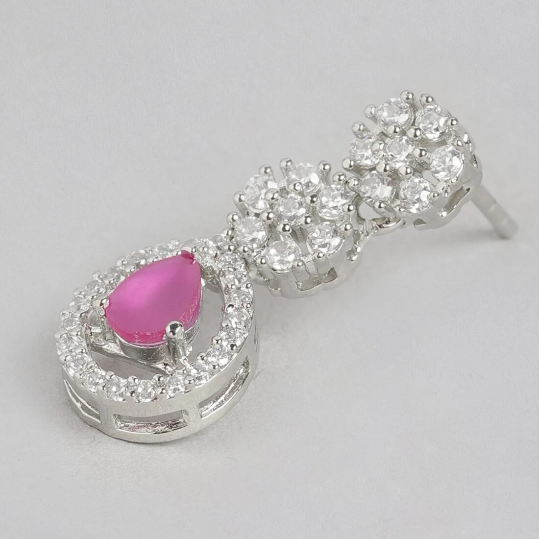 Dazzling Bloom Rhodium-Plated Drop Earrings with Dark Pink and White CZ - Image 5