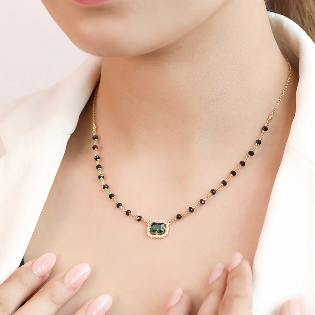 Divine Charm 925 Sterling Silver Mangalsutra with Green CZ and Beads in Gold Plating - Image 2