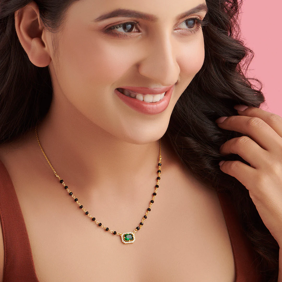 Divine Charm 925 Sterling Silver Mangalsutra with Green CZ and Beads in Gold Plating - Image 3