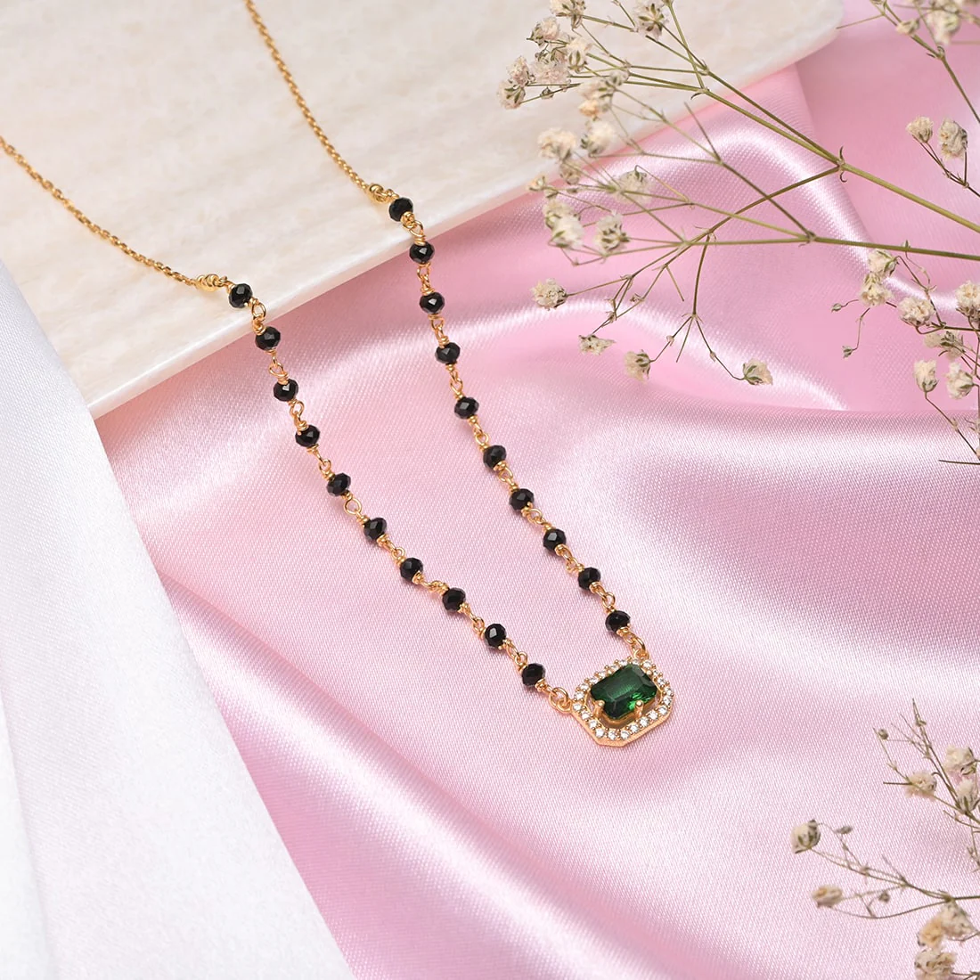 Divine Charm 925 Sterling Silver Mangalsutra with Green CZ and Beads in Gold Plating - Image 4