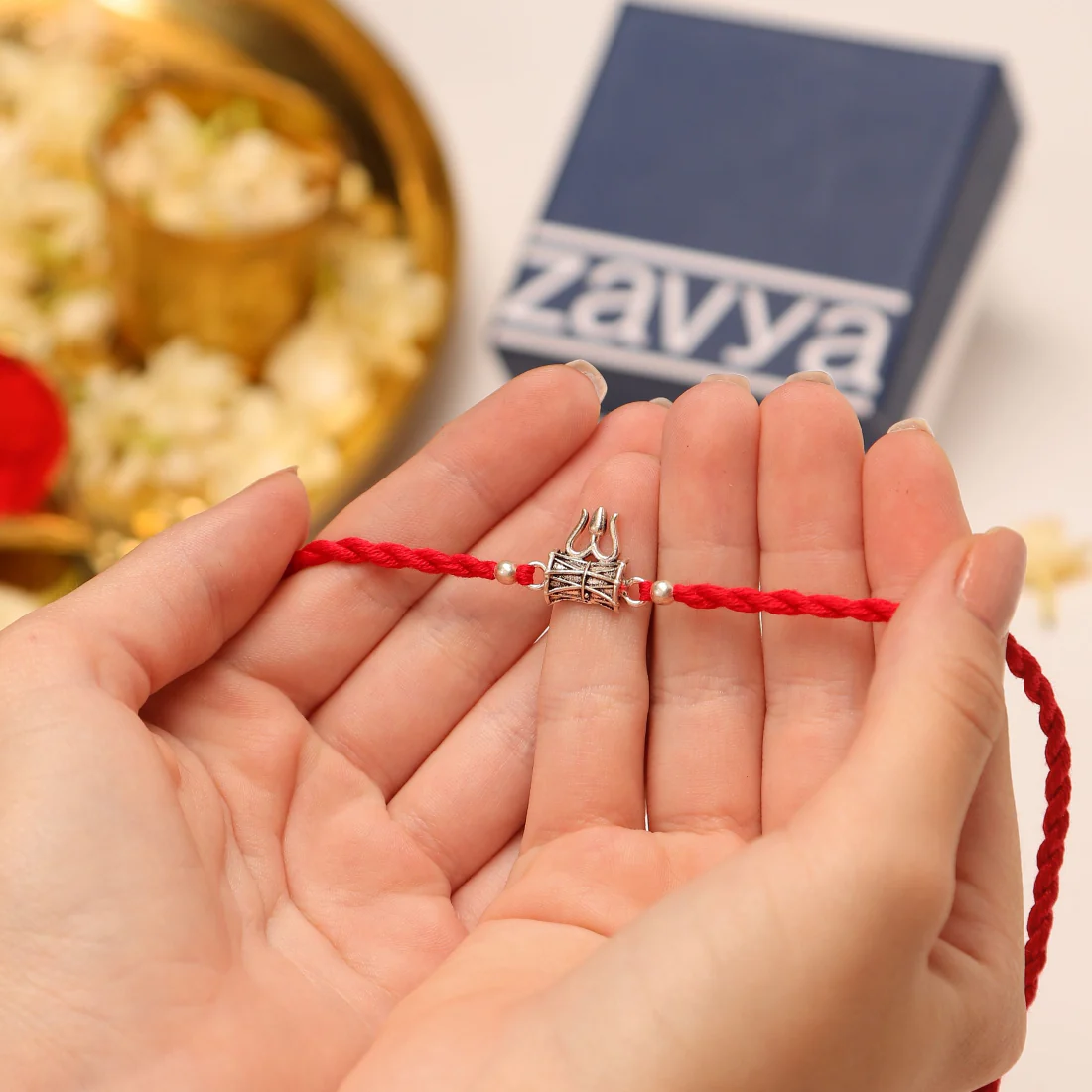 Divine Lord Shiva Trishul Rakhi With White Stones Rhodium-Plated Sterling Silver Thread Rakhi For Him - Image 2