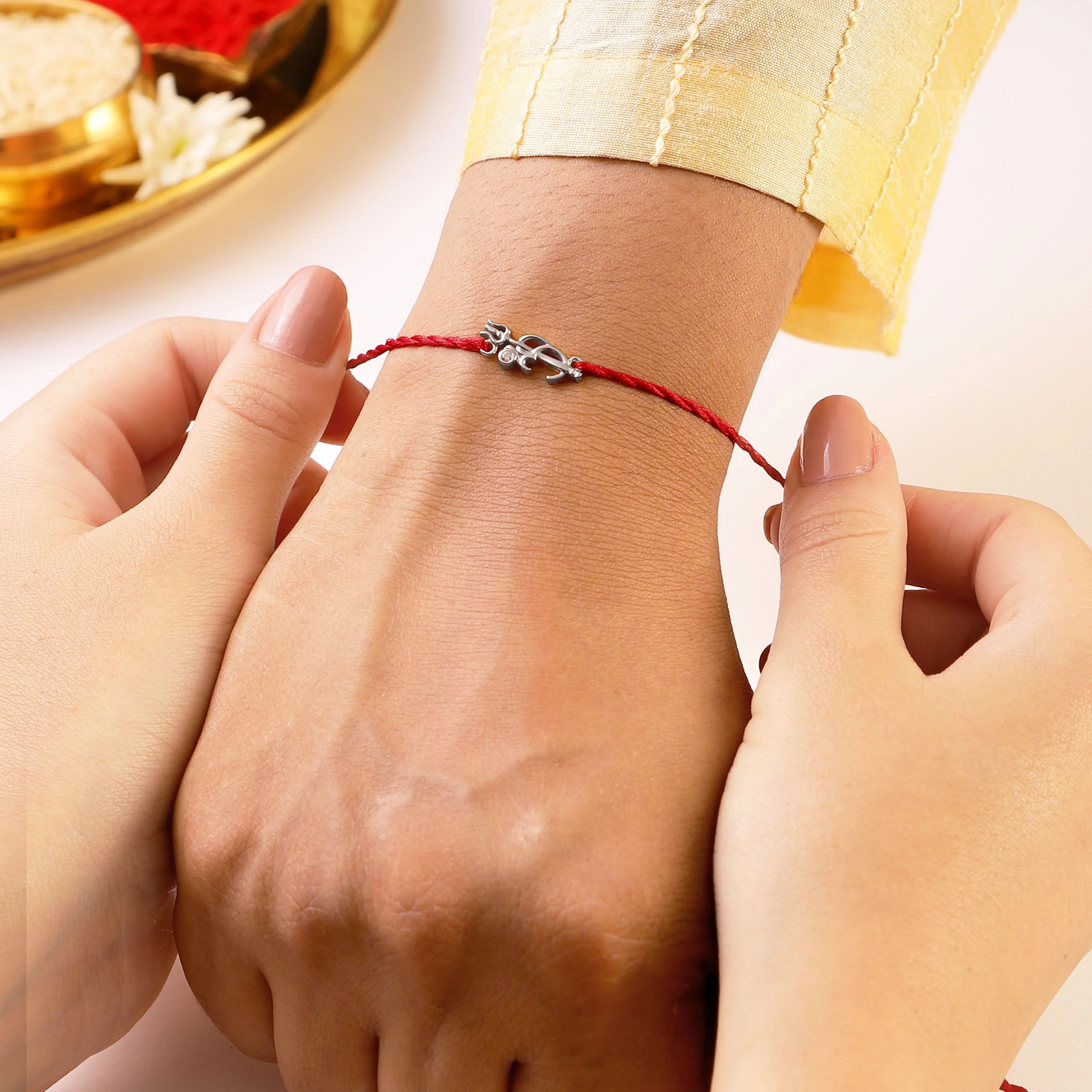 Divine Om & Trishul Charm Rakhi CZ Sterling Silver Thread Rakhi Combo - Image 12