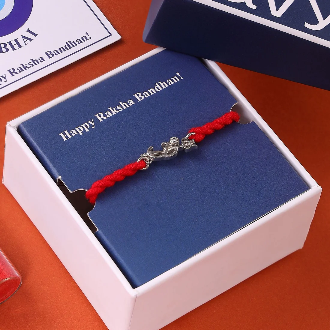 Divine Om & Trishul Charm Rakhi CZ Sterling Silver Thread Rakhi Combo - Image 6