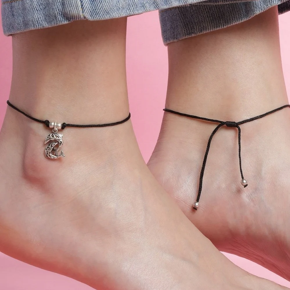 Dolphin Rhodium Plated 925 Sterling Silver Thread Anklet - Image 5