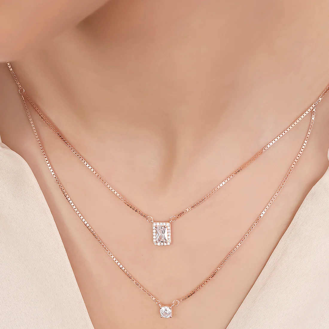 Double Layered Rose Gold Plated 925 Sterling Silver Necklace - Image 2