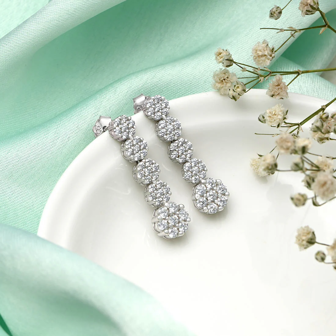 Drop And Dangle CZ Studded 925 Silver Drop Earrings