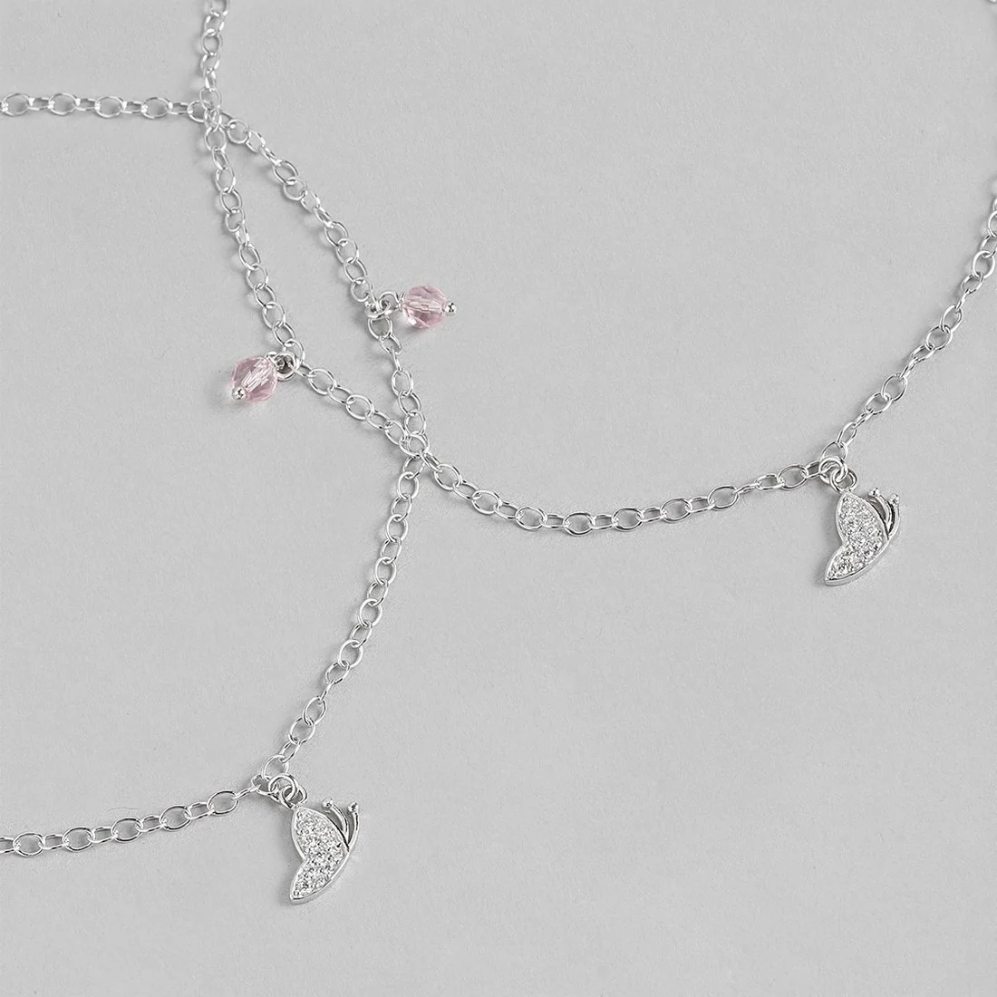 Drop With CZ Rhodium Plated 925 Sterling Silver Chained Anklet - Image 9