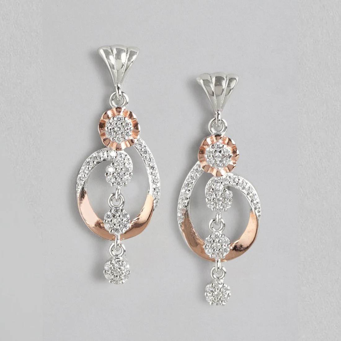 Dual Bloom Harmony CZ Dual-Tone Plated Floral 925 Sterling Silver Earrings - Image 3