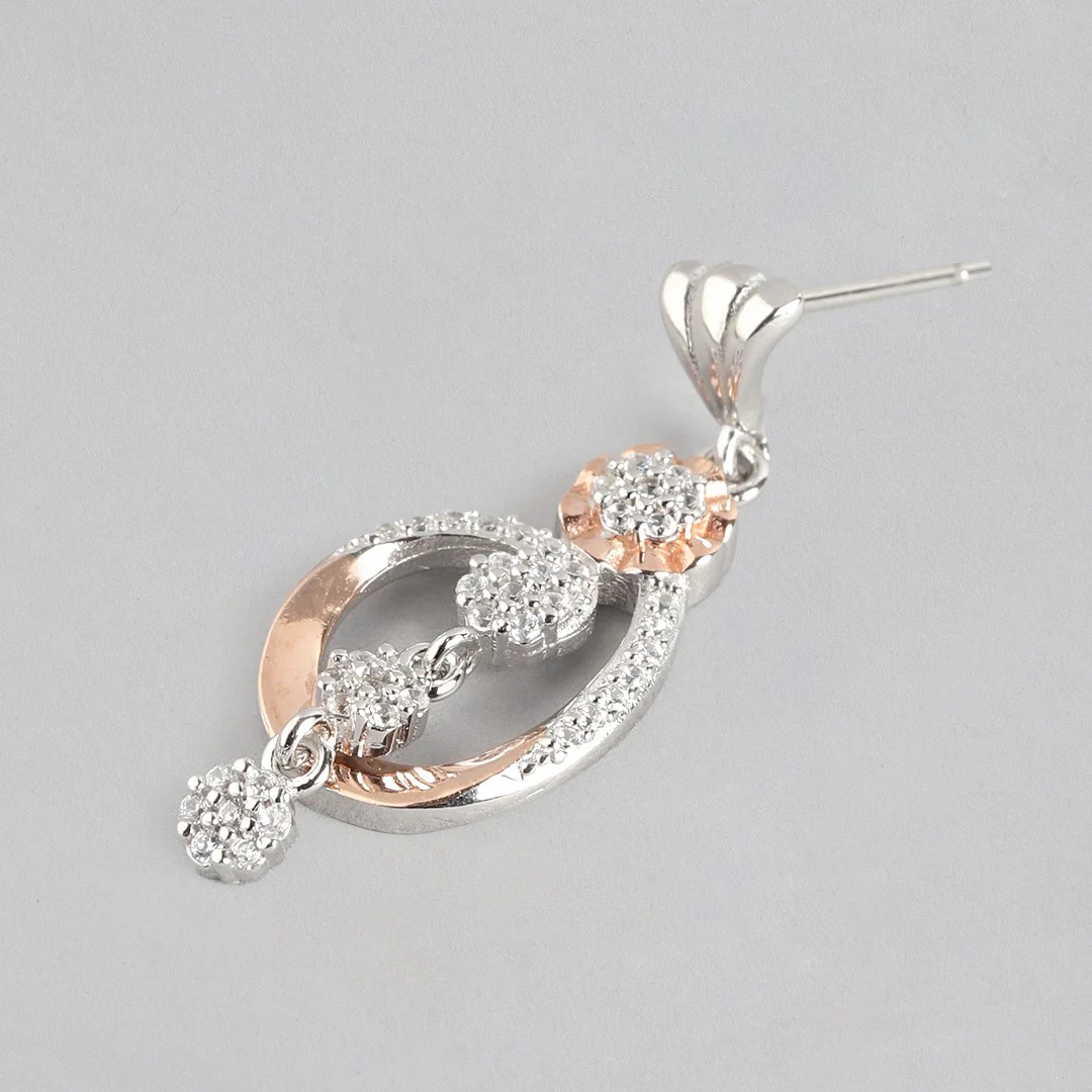 Dual Bloom Harmony CZ Dual-Tone Plated Floral 925 Sterling Silver Earrings - Image 4