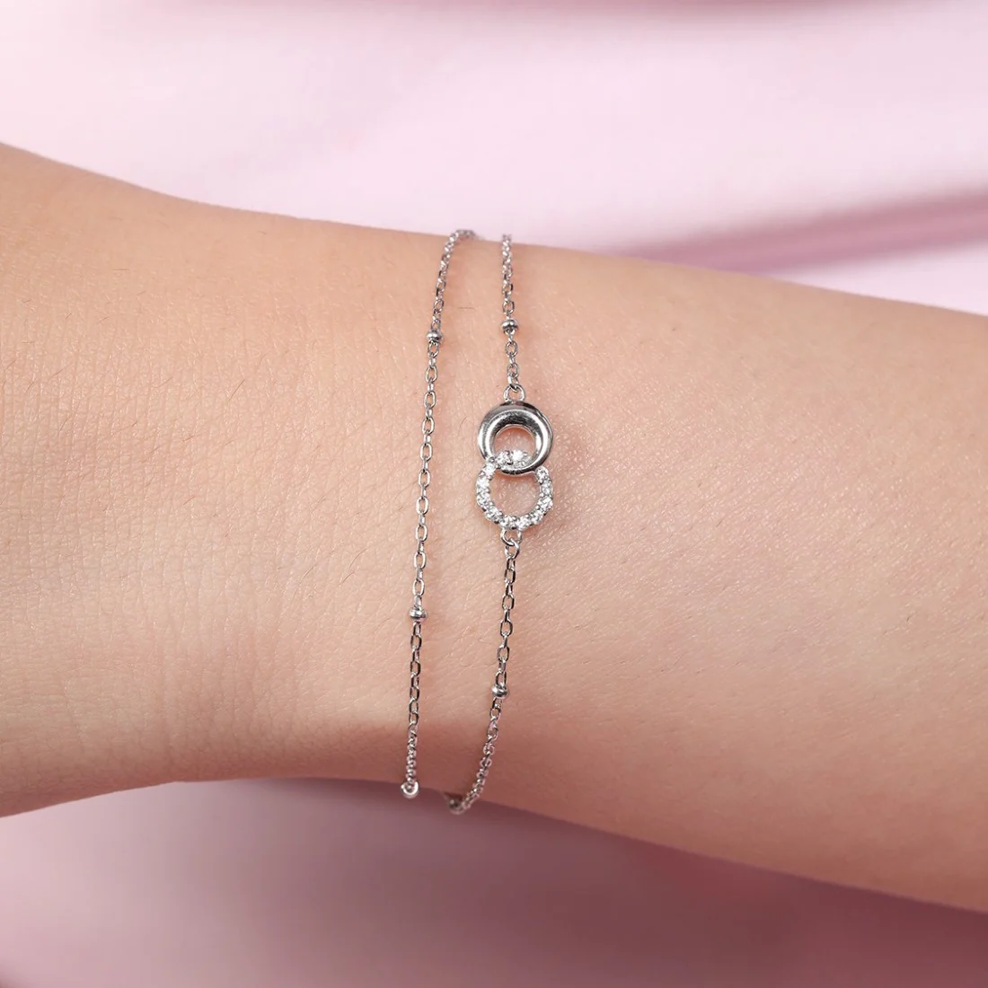 Dual Circle Radiance Rhodium Plated 925 Sterling Silver Bracelet - Image 4