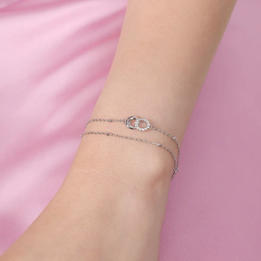 Dual Circle Radiance Rhodium Plated 925 Sterling Silver Bracelet - Image 5