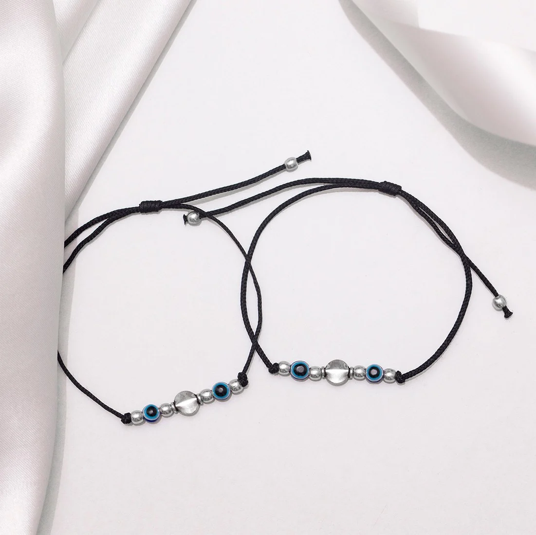 Dual Evil Eye Rhodium Plated 925 Sterling Silver Thread Anklet - Image 2