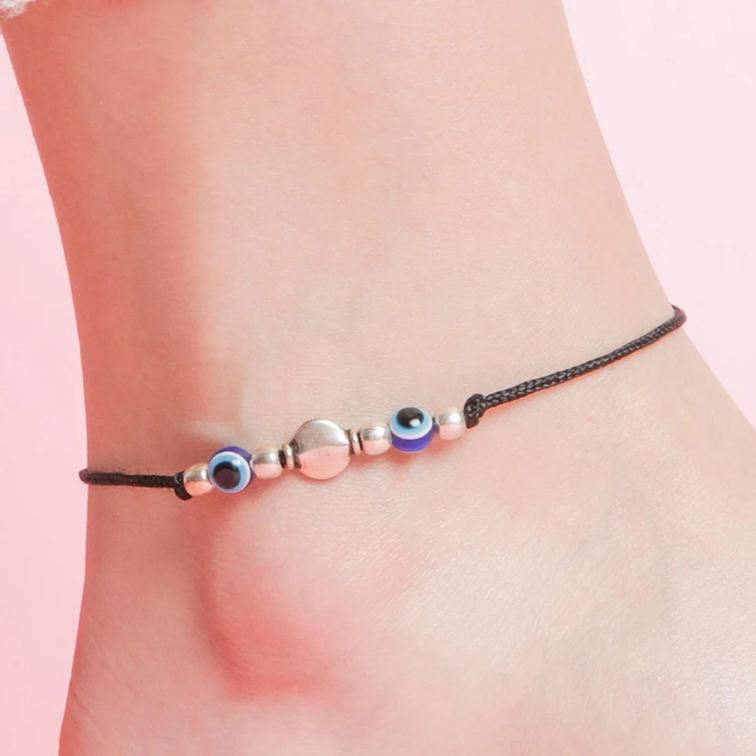 Dual Evil Eye Rhodium Plated 925 Sterling Silver Thread Anklet - Image 3