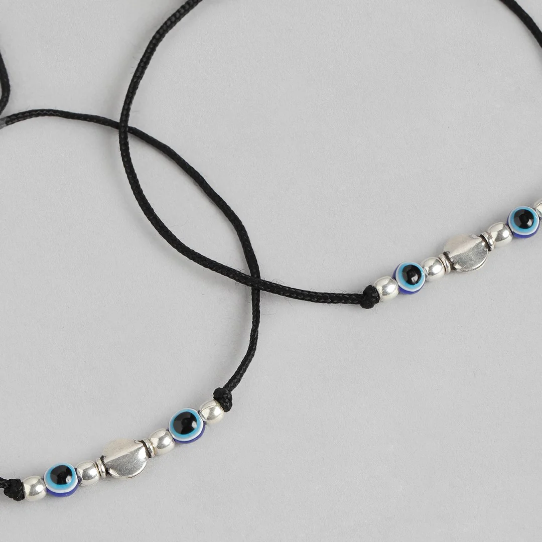 Dual Evil Eye Rhodium Plated 925 Sterling Silver Thread Anklet - Image 7