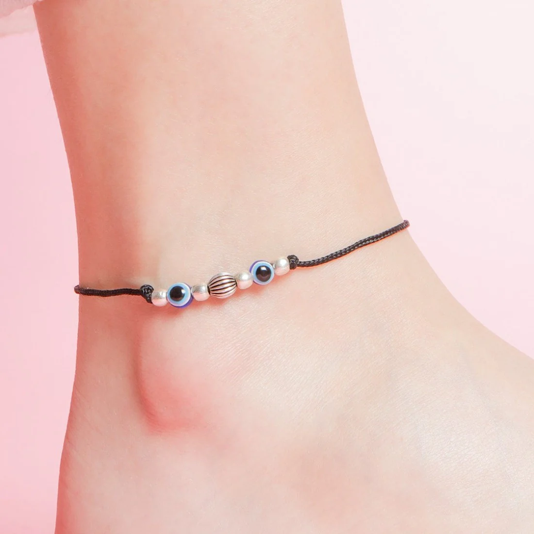 Dual Evil Eye Rhodium Plated 925 Sterling Silver Thread Anklet - Image 3