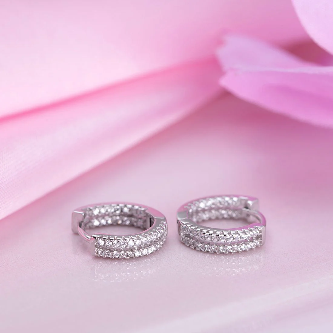 Dual Line Glamour Rhodium Plated 925 Sterling Silver Hoop Earrings