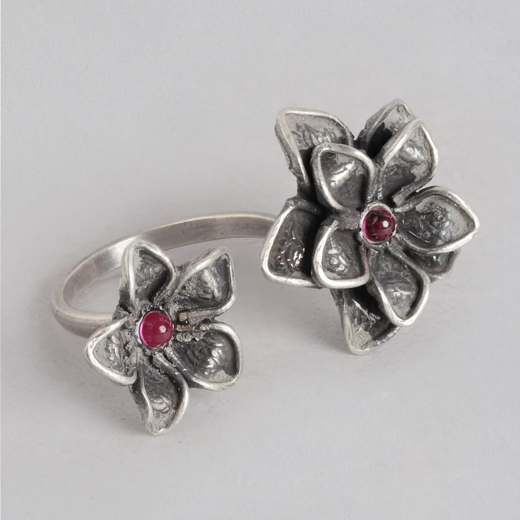 Duo Flower Oxidised 925 Sterling Silver Ring for Women (Adjustable) - Image 5