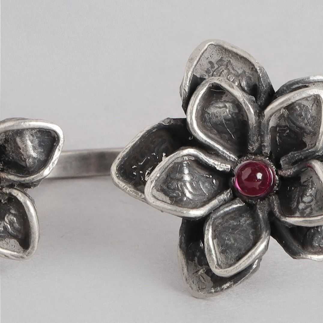 Duo Flower Oxidised 925 Sterling Silver Ring for Women (Adjustable) - Image 7