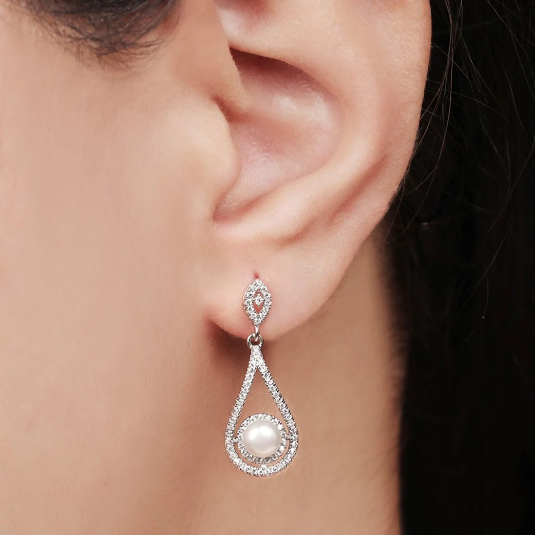 Pearl Drop CZ-Studded Rhodium Plated 925 Sterling Sterling Silver Drop Earring - Image 2