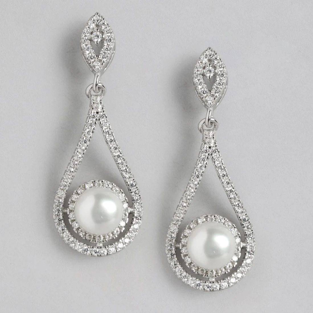 Pearl Drop CZ-Studded Rhodium Plated 925 Sterling Sterling Silver Drop Earring - Image 3