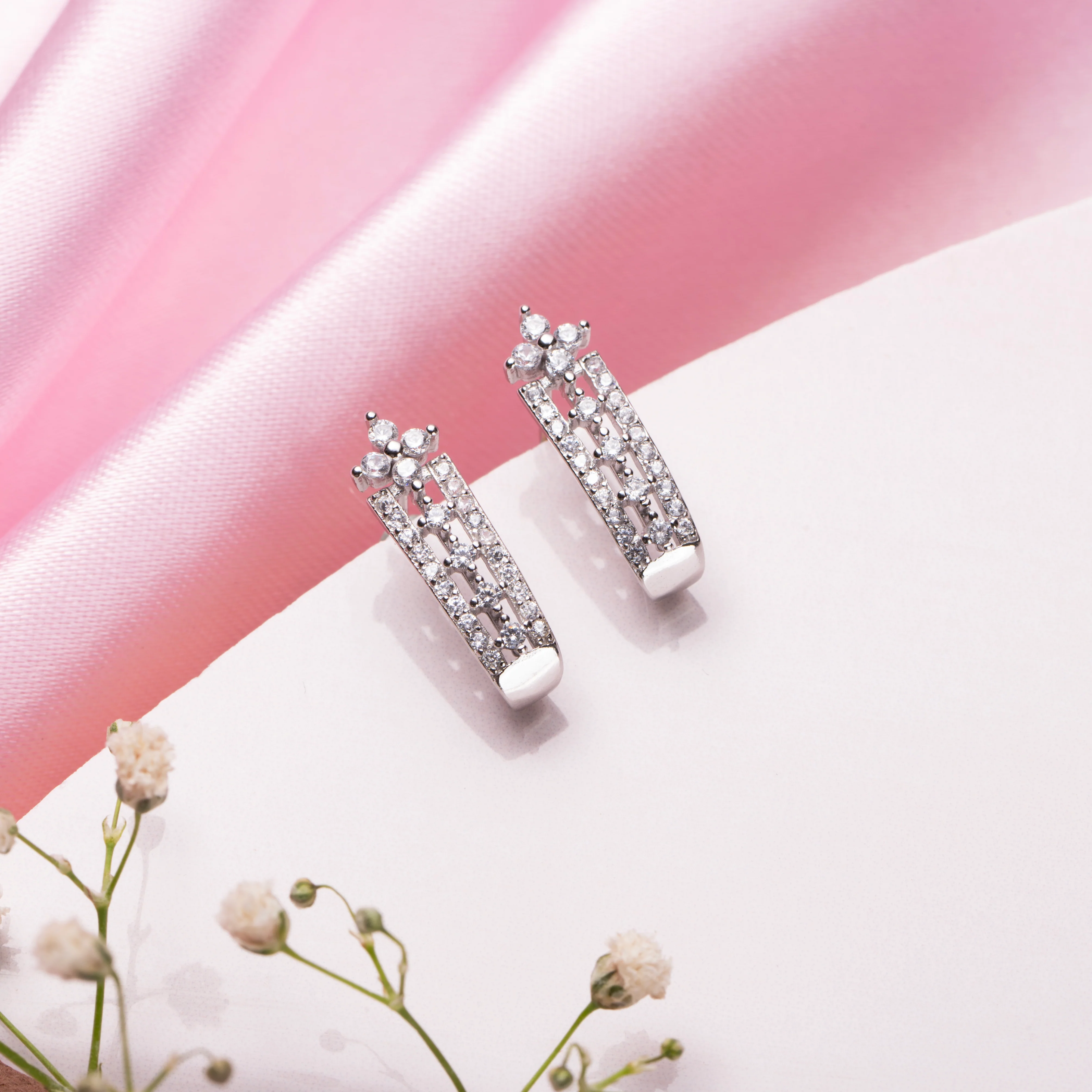 Enhanced Rhodium Plated CZ Floral 925 Sterling Silver Earrings - Image 2