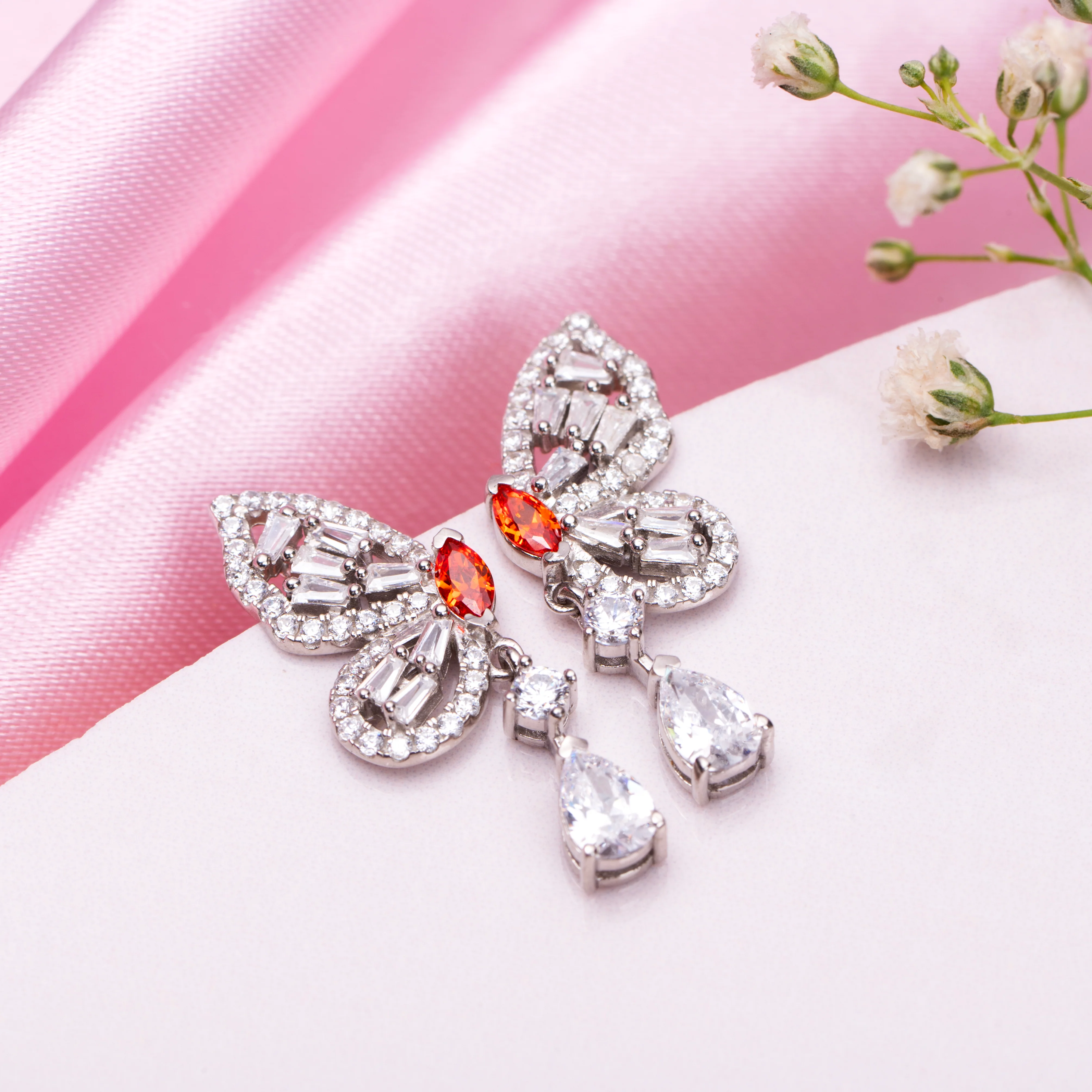 Butterfly Cascade Rhodium-Plated CZ Drop 925 Silver Earrings - Image 2