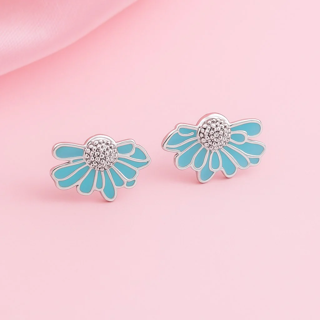 Enamel Flower Rhodium Plated 925 Sterling Silver Earrings