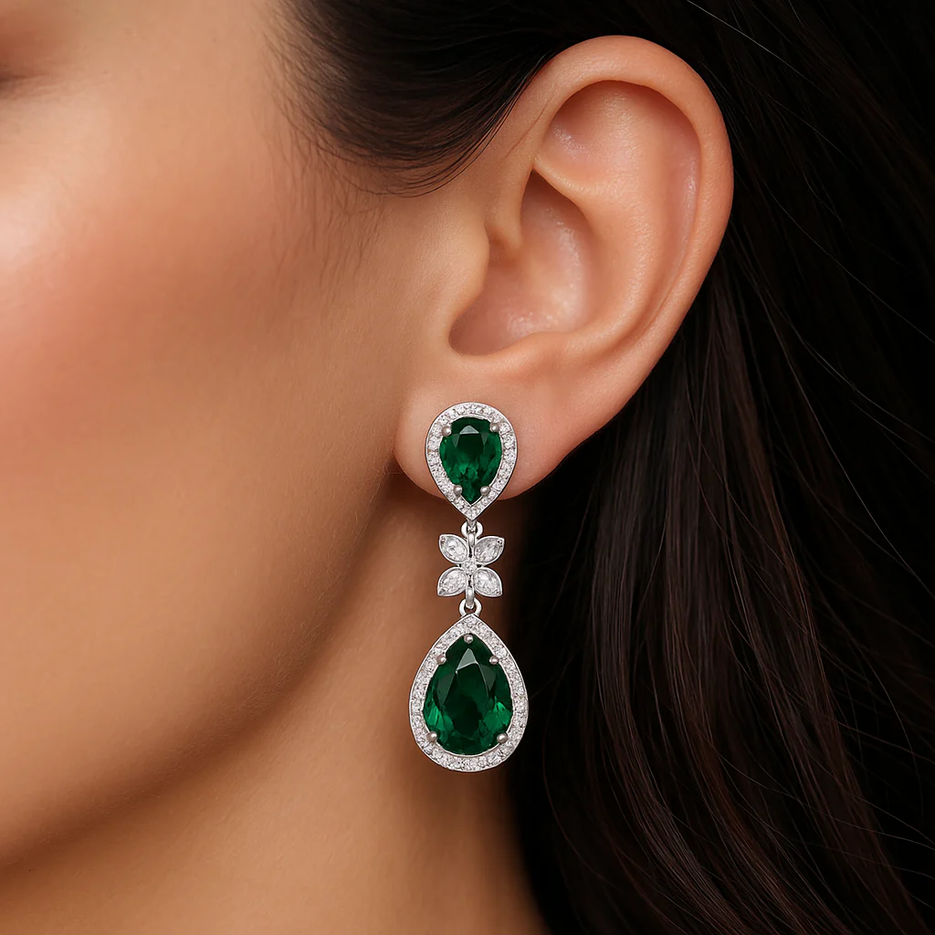 Luminous Green Rhodium Plated 925 Sterling Silver Earrings - Image 2