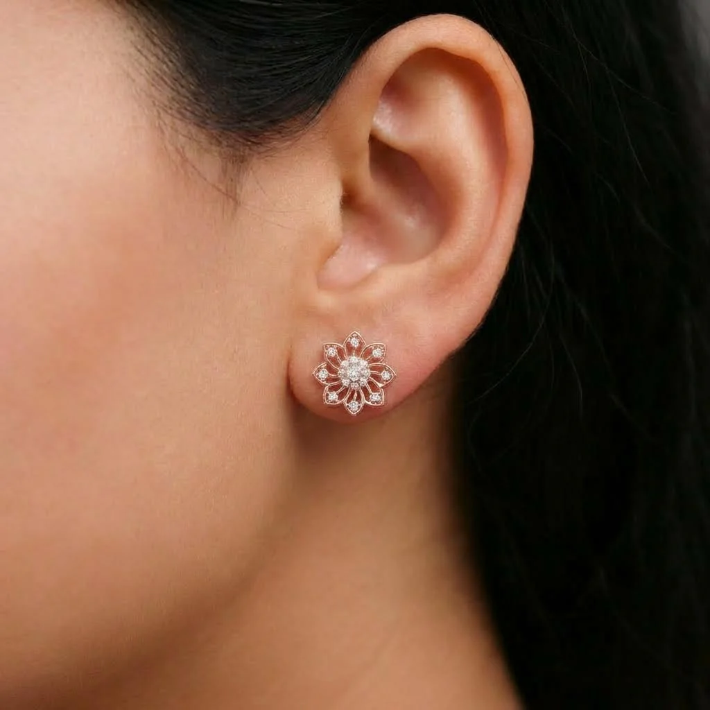 Radiant Bloom Rose Gold 925 Silver Stud Earrings - Image 2