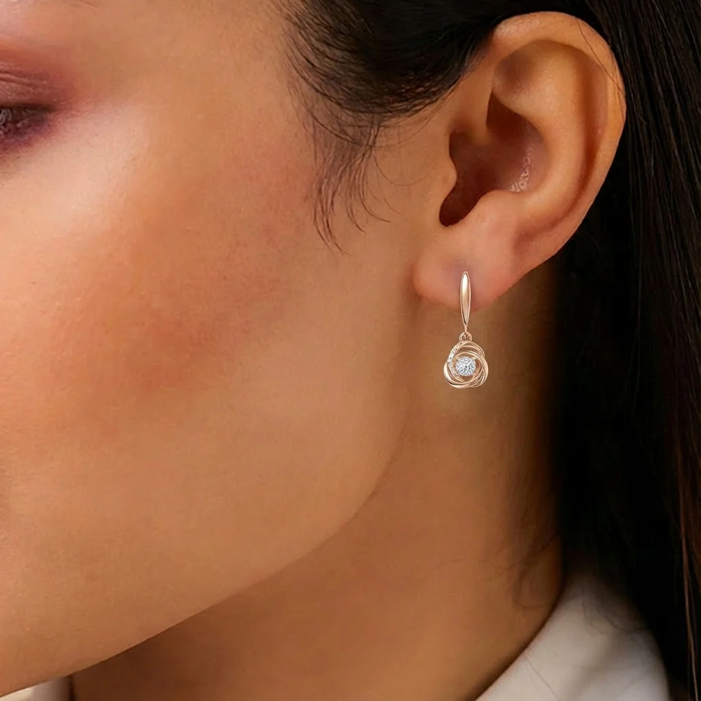 Soft Orbit Rose Gold Silver Drop Earrings - Image 2