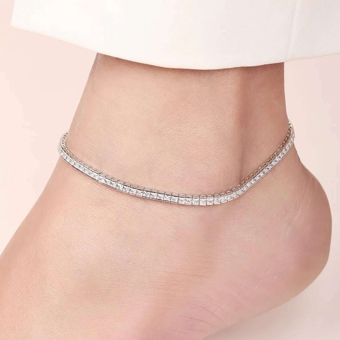 Elegance CZ Rhodium Plated 925 Sterling Silver Anklet - Image 2