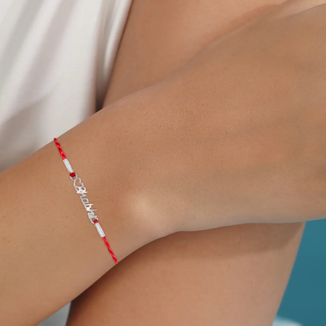 Elegant Bhabhi With Heart Charm Rhodium-Plated Thread Rakhi For Her - Image 2
