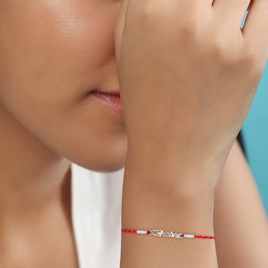 Elegant Bhabhi With Heart Charm Rhodium-Plated Thread Rakhi For Her - Image 3