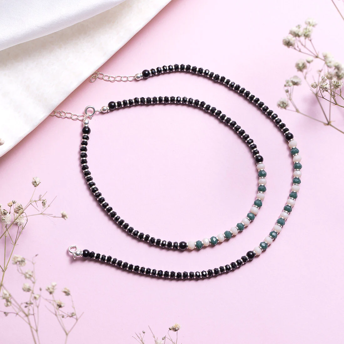 Elegant Enigma Rhodium Plated Black Bead Anklet in 925 Sterling Silver - Image 4
