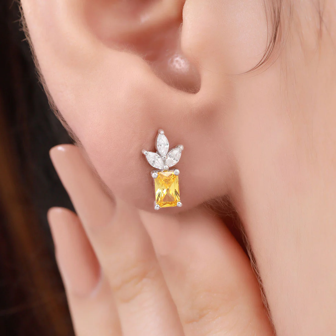 Elegant Petals Rhodium Plated Golden CZ 925 Sterling Silver Stud Earrings - Image 2