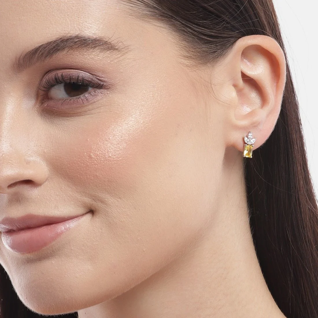 Elegant Petals Rhodium Plated Golden CZ 925 Sterling Silver Stud Earrings - Image 3