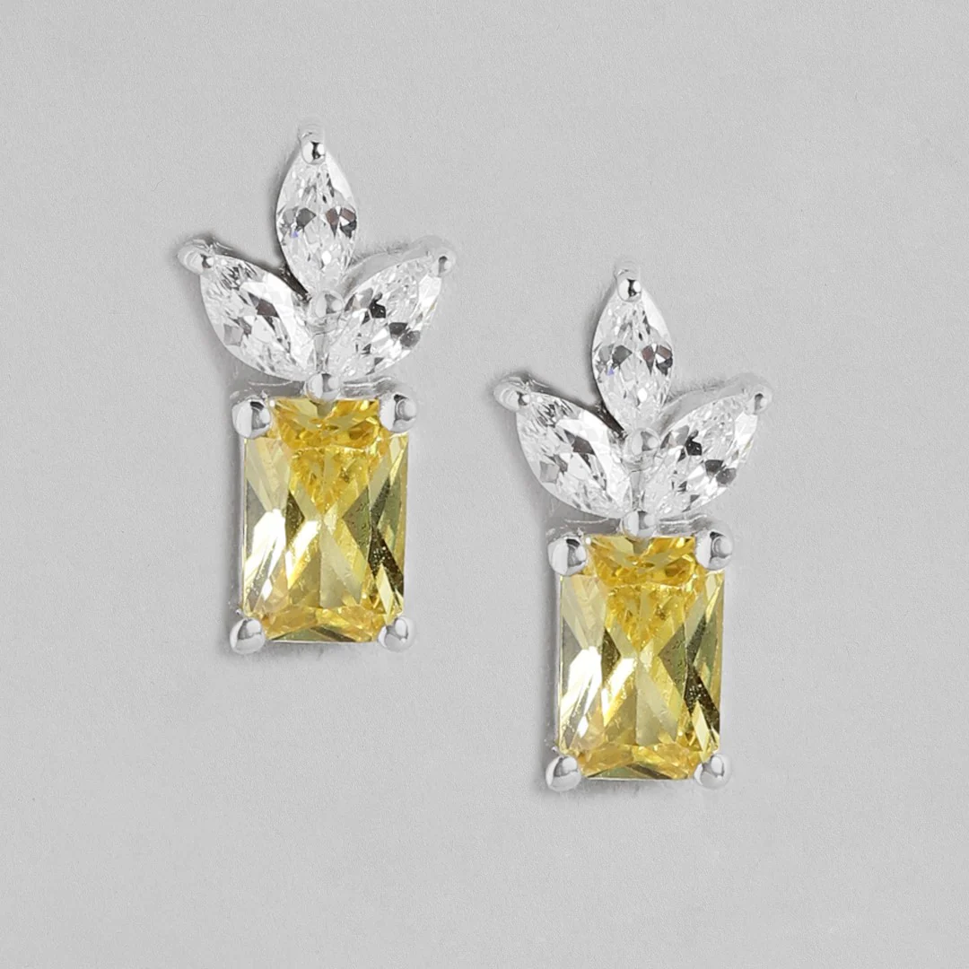 Elegant Petals Rhodium Plated Golden CZ 925 Sterling Silver Stud Earrings - Image 4