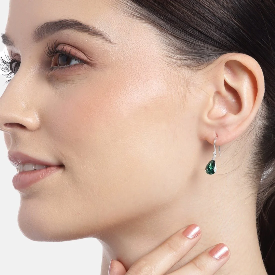 Emerald Elegance Rhodium-Plated Tear Drop CZ 925 Sterling Silver Earrings - Image 2