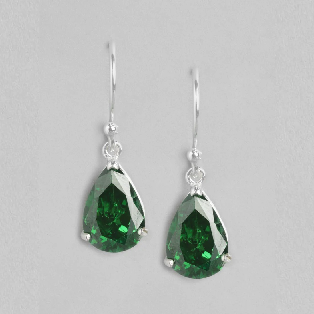Emerald Elegance Rhodium-Plated Tear Drop CZ 925 Sterling Silver Earrings - Image 3