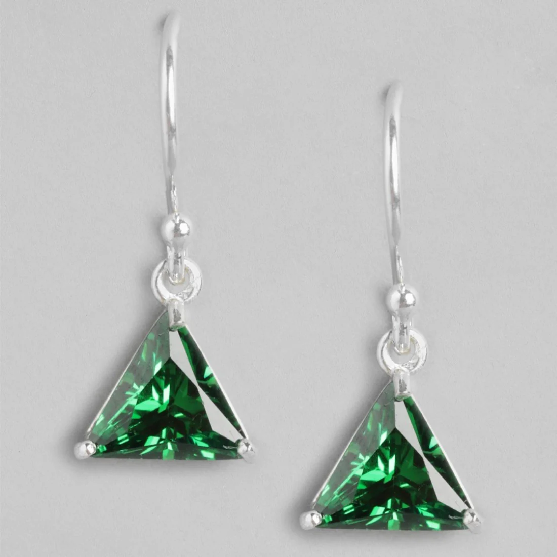 Emerald Essence Rhodium-Plated Green CZ Sterling Silver Triangle Earrings - Image 3