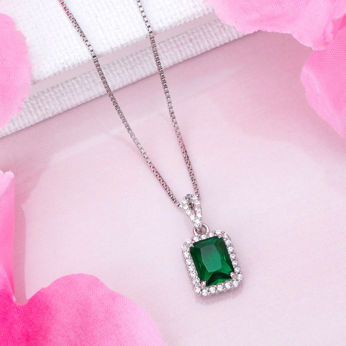 Emerald Radiance CZ Rhodium Plated 925 Sterling Silver Pendant with Chain
