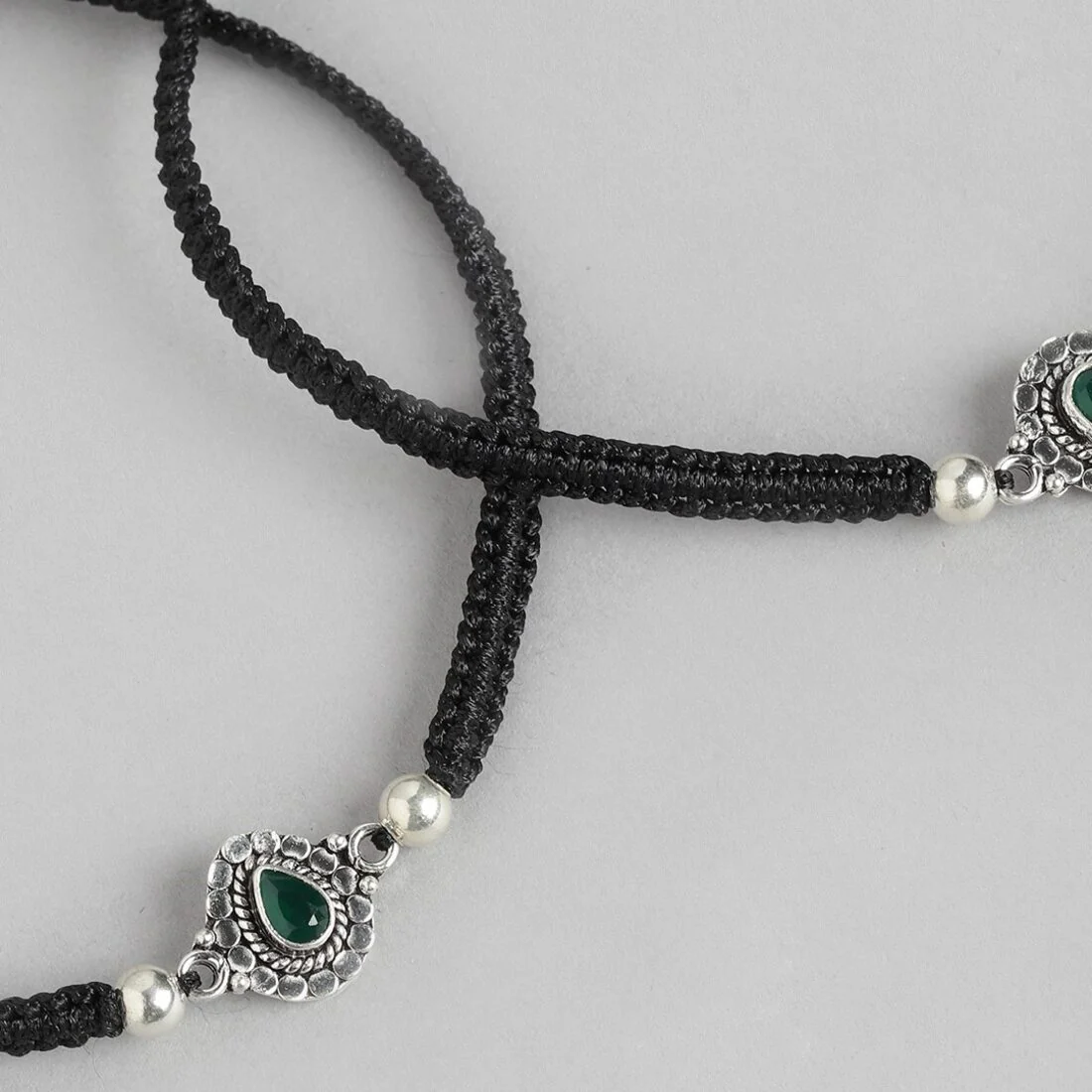 Enchanting Elegance 925 Sterling Silver Green Cubic Zirconia Anklet with Black Thread - Image 4