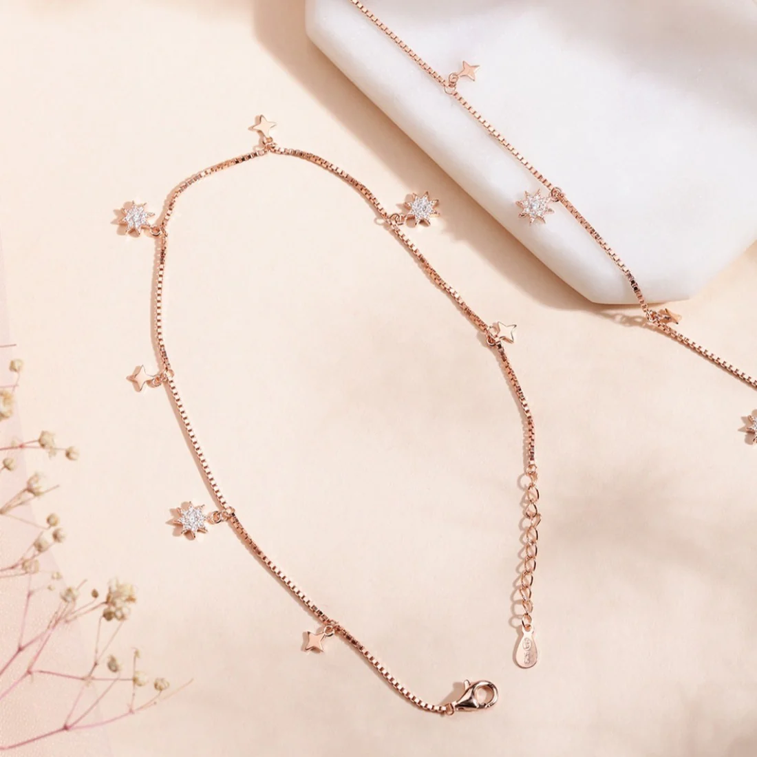 Enchanting Star 925 Silver Anklets In Rose Gold - Image 4