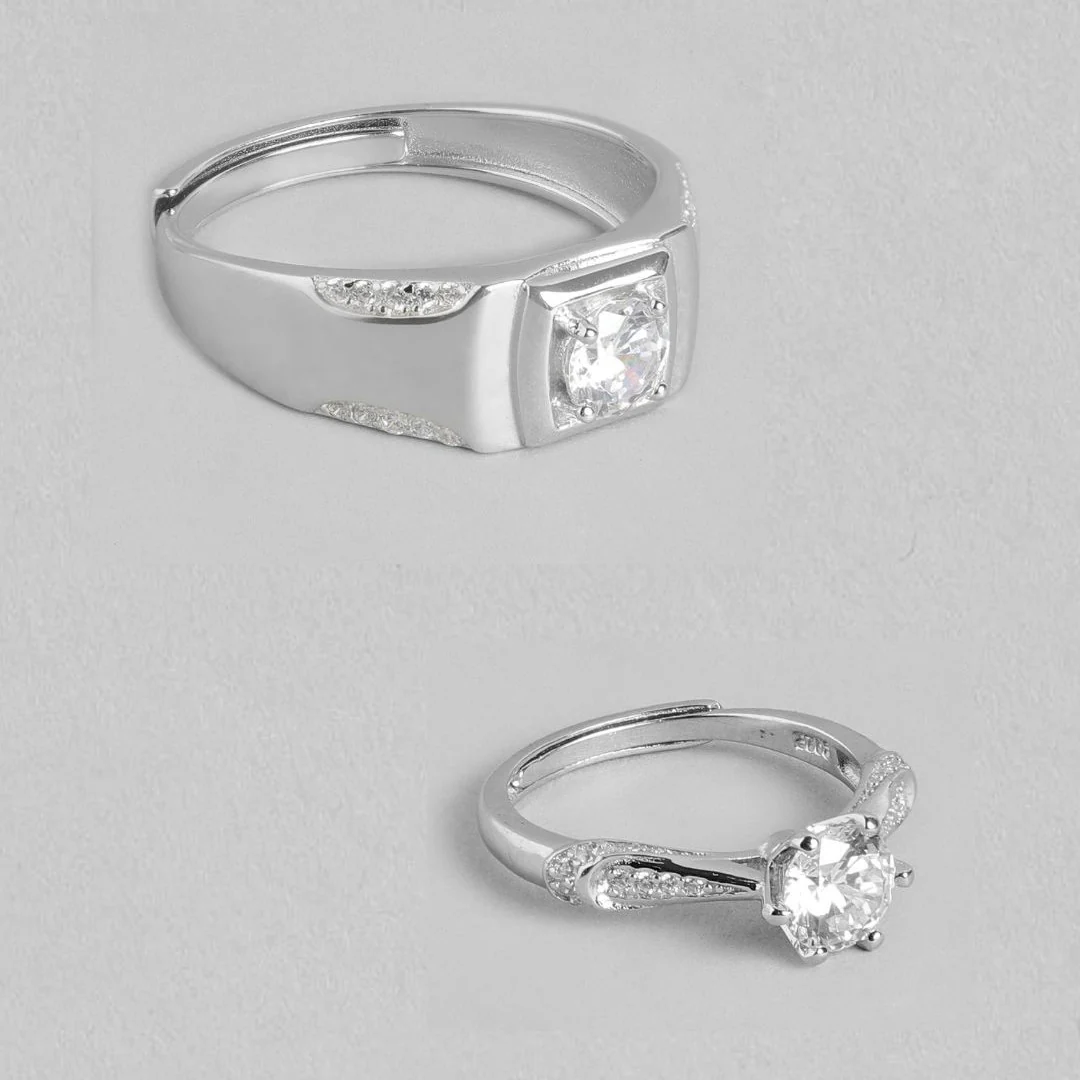 Eternal Spark Rhodium-Plated 925 Sterling Silver Cubic Zirconia Couple Ring (Adjustable) - Image 6